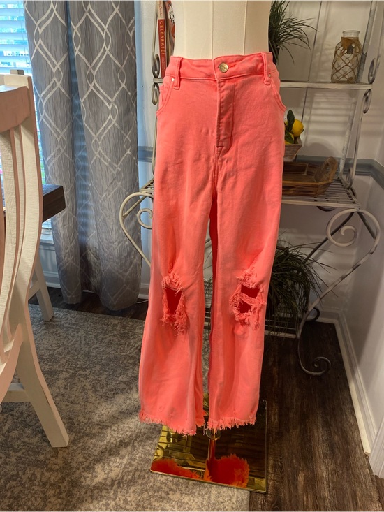 Risen Jeans Denim - High-Rise Coral Distressed Cropped Jeans